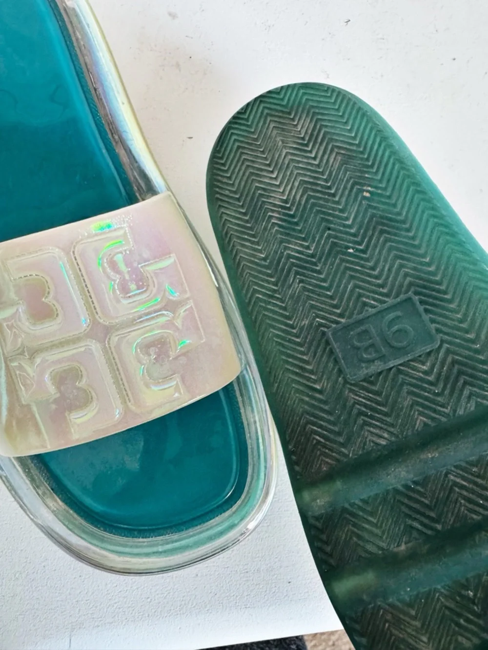 Nice Tory Burch Bubble Jelly Slides Size 9 Teal & White Iridescent
